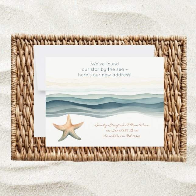 Cartão Postal Novo Endereço Elegante (New address postcard with watercolor coastal sea star design – personalize with your details)