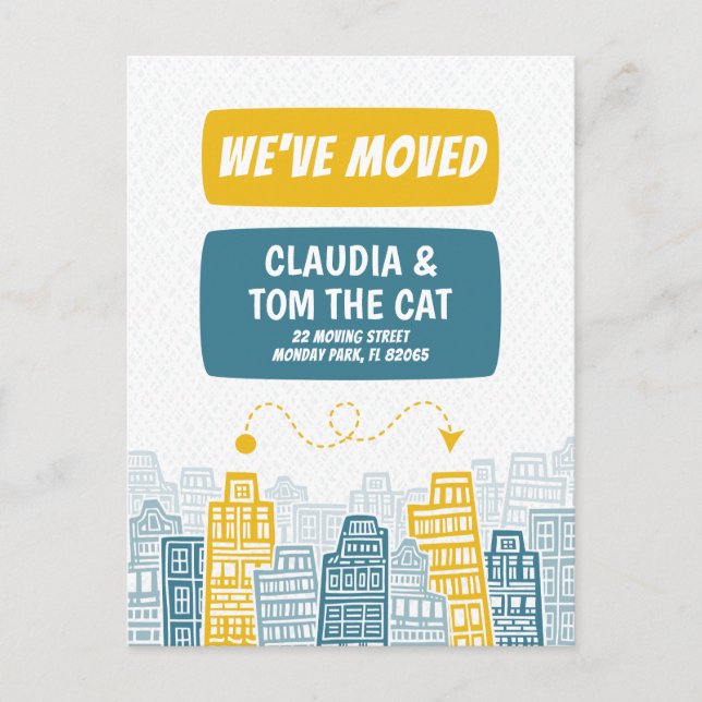 Cartão Postal novo endereço que estamos movendo cartoon cidade p (Frente)