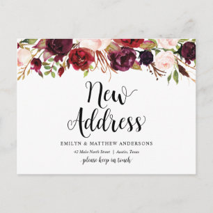 Cartão Postal Novo endereço residencial, burgundy floral, Anúnci