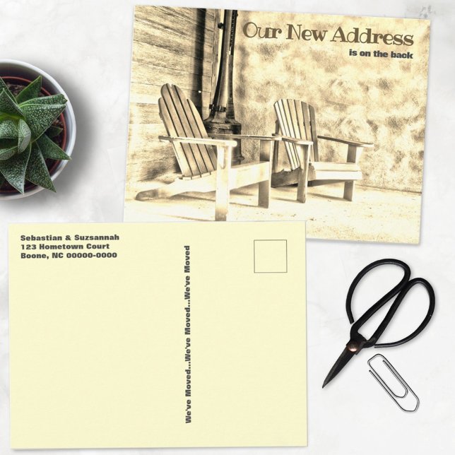 Cartão Postal Novo endereço Sepia Adirondack Chairs Porch Person (Criador carregado)