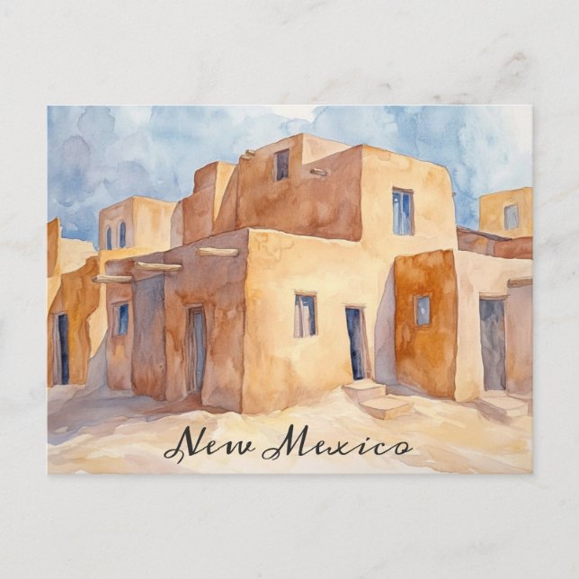 Cartão Postal Novo México Adobe Casas de Aquarela Viagem (Frente)