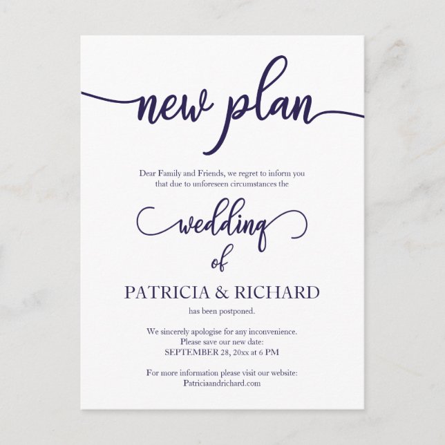 Cartão Postal Novo Plano Adia Casamento Navy Blue Script (Frente)