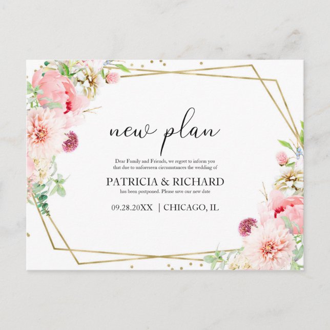 Cartão Postal Novo Plano Elegante Blush Floral Casamento Geométr (Frente)