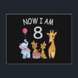 Cartão Postal Now I am 8 years old 8th Birthday at the Zoo<br><div class="desc">Happy 8th Birthday. Funny and lovely Kids Birthday design with a cute Elephant,  two ferrets and a giraffe celebrating your birthday at the zoo.</div>