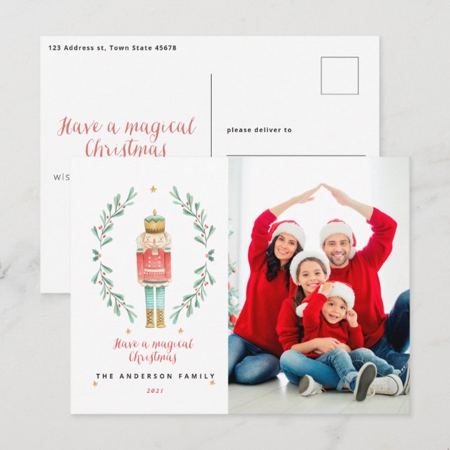 Cartão Postal Noz-cracker aquarela botânica 1 fotografia Natal (Frente/Verso)