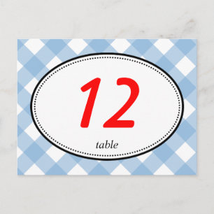 Cartão Postal Número da mesa de casamento rústico em xadrez azul