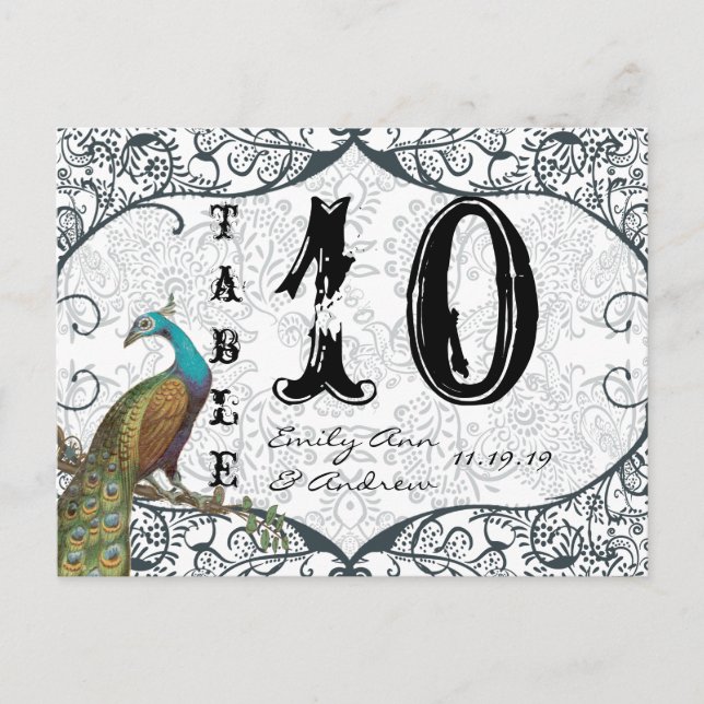Cartão Postal Número da Tabela de Ave de Peacock Com marinho (Frente)