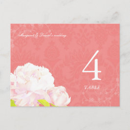 Cartão Postal Número da Tabela de Casamento de Blush Peony Coral