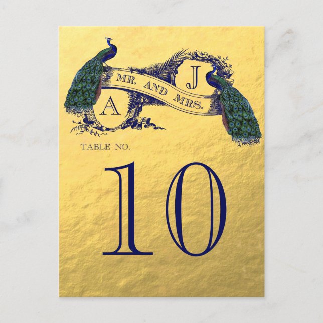 Cartão Postal Número da Tabela Dourada de Casamento de Pavão (Frente)
