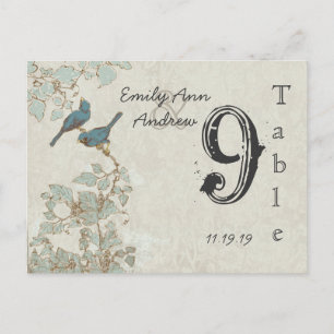 Cartão Postal Número de Mesa Casamento Damask Pássaros Azul-Verd