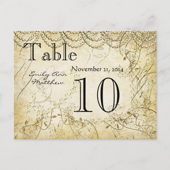 Cartão Postal Número de Mesa de Casamento com Redemoinho Dourado (Frente)