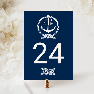 Cartão Postal Número de Mesa Monograma Casamento Azul Marinho Ná