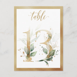 Cartão Postal Números de mesa dourados com folhagem verde, cartã