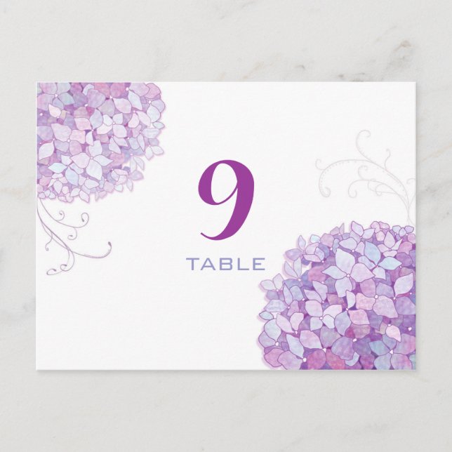 Cartão Postal Números de Tabelas de Casamento de Hydrangea Roxo  (Frente)