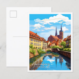 Cartão Postal Nuremberga Alemanha Arte ilustração de viagem vint