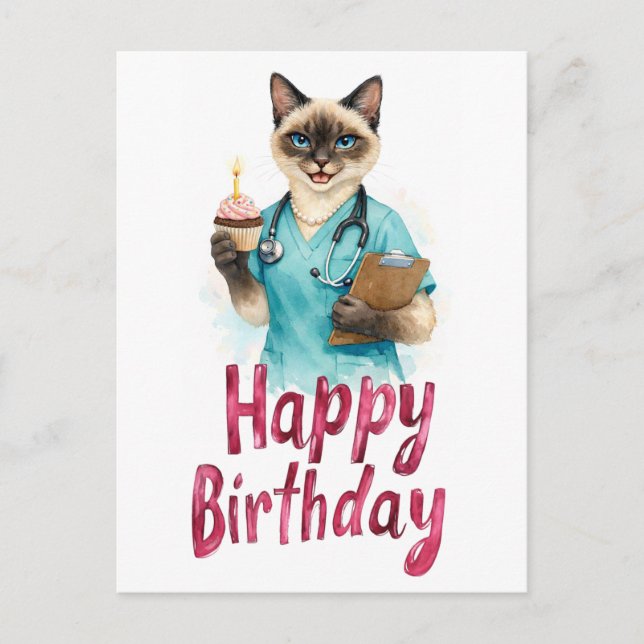 Cartão Postal Nurse Cat with Cake and text Happy Birthday  (Frente)
