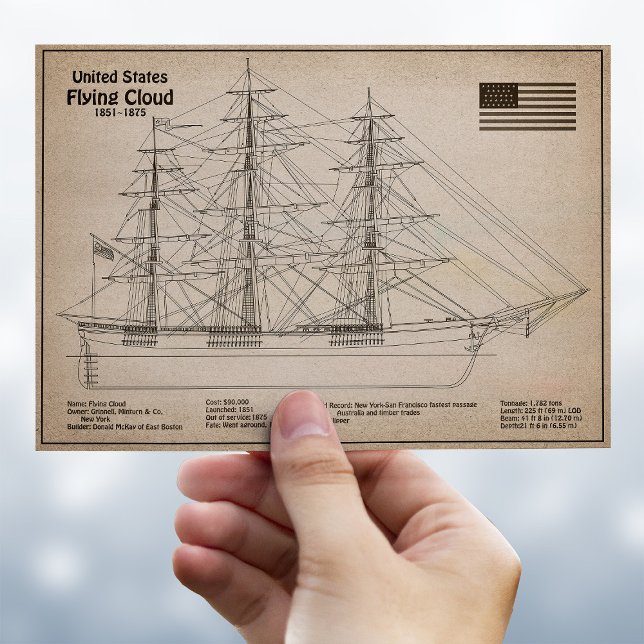 Cartão Postal Nuvem de Voo de Entrega do Clipper - Esquema de En (Clipper Ship Flying Cloud - Ship Blueprint SD. Postcard)