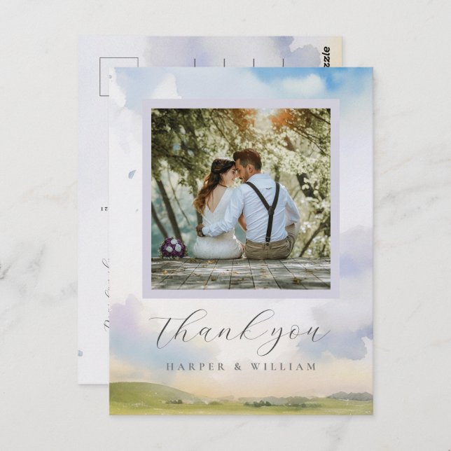 Cartão Postal nuvens aquarela sonhadora foto de casamento obriga (Frente/Verso)