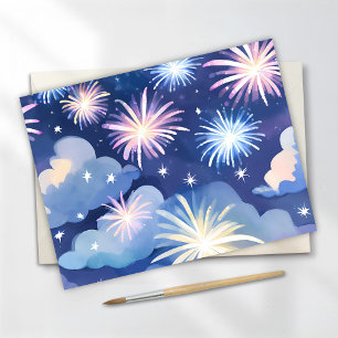 Cartão Postal Nuvens Sonhadoras Azuis   Aquarela de Estrelas de 