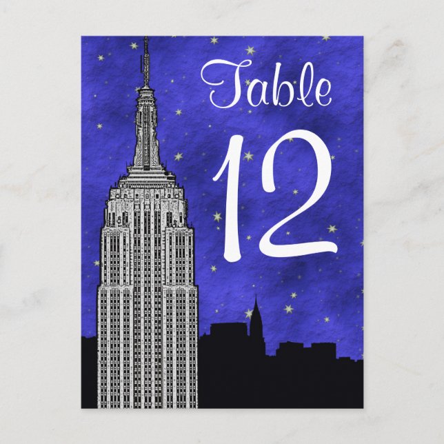 Cartão Postal NYC ESB Skyline Silhouette Blu Starry Table Número (Frente)