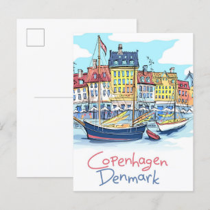 Cartão Postal Nyhavn Copenhagen Denmark Illustration Viagem