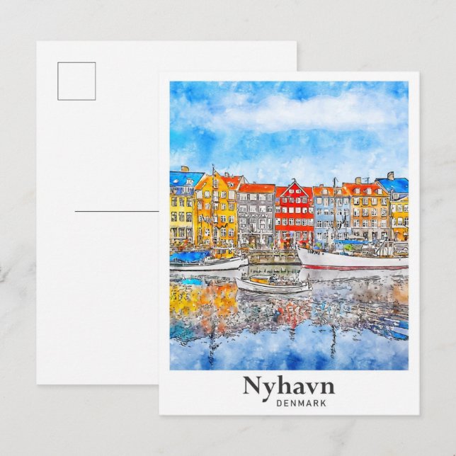 Cartão Postal Nyhavn Denmark Watercolor Hand Drawn (Frente/Verso)