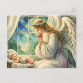 Cartão Postal o anjo da guarda reza ao lado da cama do bebê