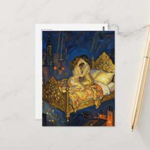 Cartão Postal O Beijo dos Amantes Cama Mágica Acima da Cidade