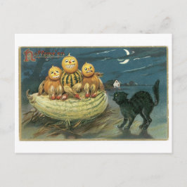 Cartão Postal O Dia das Bruxas antiquado, abóboras & gato preto