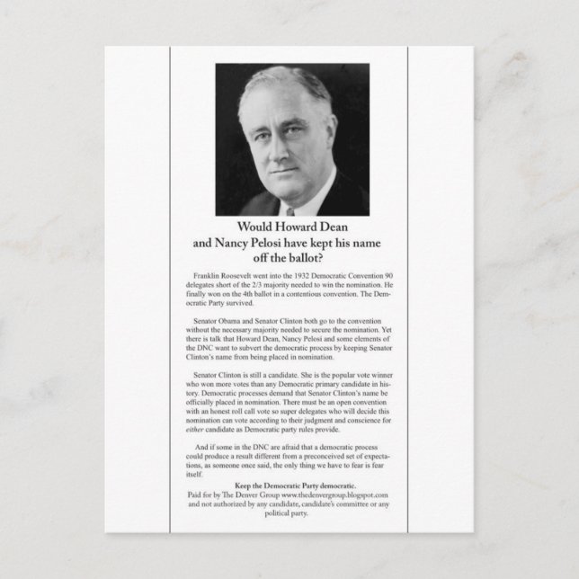 Cartão Postal O DNC teria mantido o nome do FDR fora do escrutín (Frente)