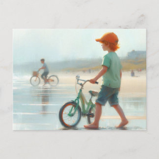 Cartão Postal O garotinho e sua bicicleta na praia