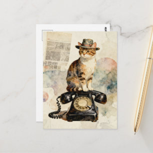 Cartão Postal O Gatinho no Telefone Antigo