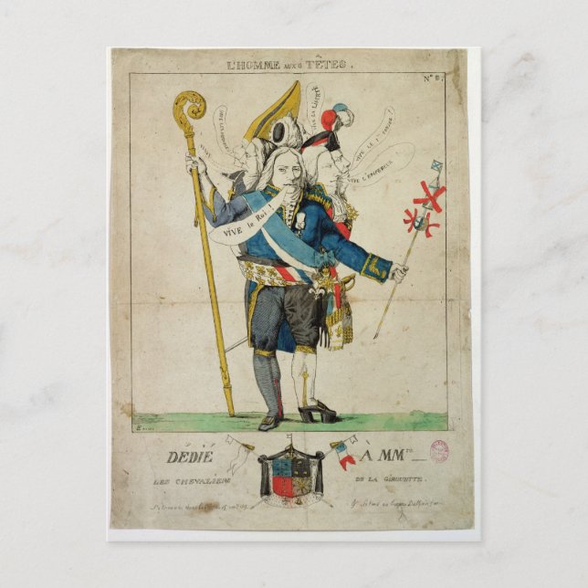 Cartão Postal O homem com seis cabeças, caricatura de Charles (Frente)