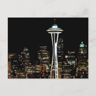 Cartão Postal O horizonte de Seattle à noite, com Agulha Espacia