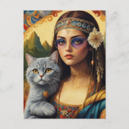 Cartão Postal O jovem Hippie Mona Lisa e o seu gato Cinza