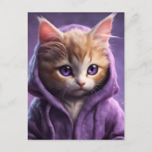 Cartão Postal O Kitten em um Hoodie Roxo
