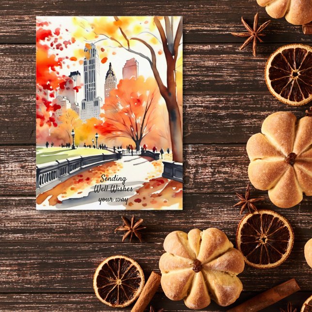 Cartão Postal O parque de Nova Iorque cai aquarela bem desejos (New York Central park in fall watercolor well wishes postcard warm autumn colors pathway with trees)