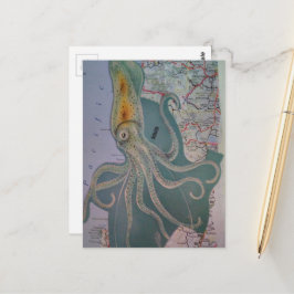 Cartão Postal O polvo retrô e colagem de mapa