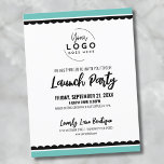 Cartão Postal O seu Logotipo para o Partido de Lançamento de Neg<br><div class="desc">Um convite divertido, mas simples, preto e branco para uma grande abertura de negócios ou um evento de marca ou lançamento de produtos. Adicione o seu próprio logotipo ao topo para lhe dar a sua marca e você pode mudar a coloração do barro ou da turquesa para preto ou combinar...</div>