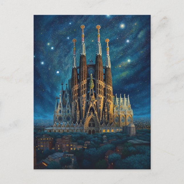 Cartão Postal O Sonho Estrelado de Gaudi | Barcelona Sagrada Fam (Frente)