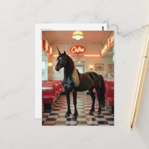 Cartão Postal O unicórnio em um restaurante com juba de Espaguet