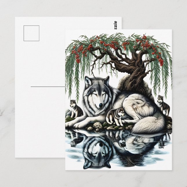 Cartão Postal Oásis da Família Serene Wolf em Natureza Idílica (Frente/Verso)