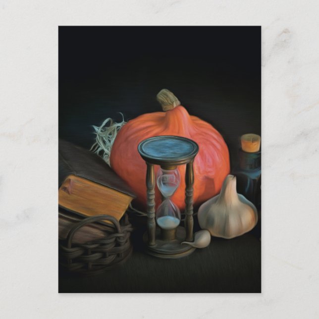 Cartão Postal Objetos de bruxaria numa mesa num quarto escuro (Frente)