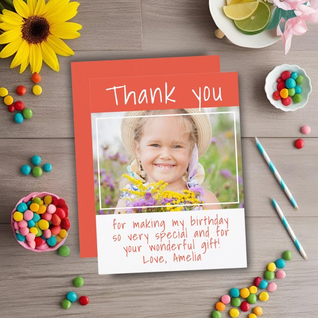 Cartão Postal Obrigada por foto de aniversário de menina laranja (Criador carregado)