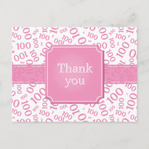 Cartão Postal Obrigado 100º Número Padrão Rosa/Branco