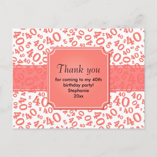 Cartão Postal Obrigado 40 Número Padrão Coral/Branco (Frente)