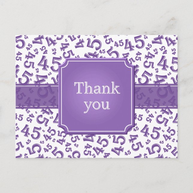 Cartão Postal Obrigado 45 Padrão de Número Roxo/Branco (Frente)