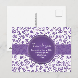 Cartão Postal Obrigado 80 Padrão de Número de Aniversário Roxo/B