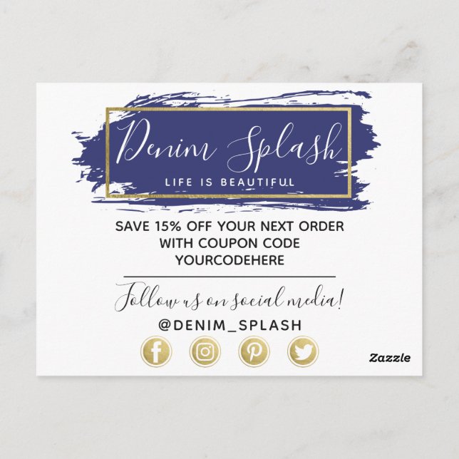 Cartão Postal Obrigado Azul Traço de Tinta & Geo Dourado Moderno (Verso)