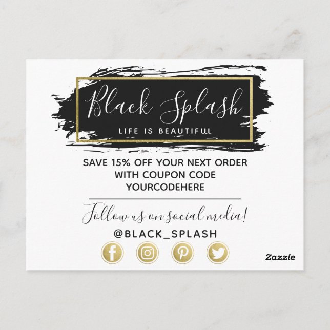 Cartão Postal Obrigado Black Paint Stroke & Modern Dourado Geo (Verso)